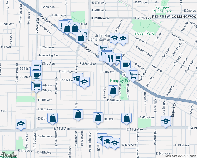 map of restaurants, bars, coffee shops, grocery stores, and more near 5092 Clarendon Street in Vancouver