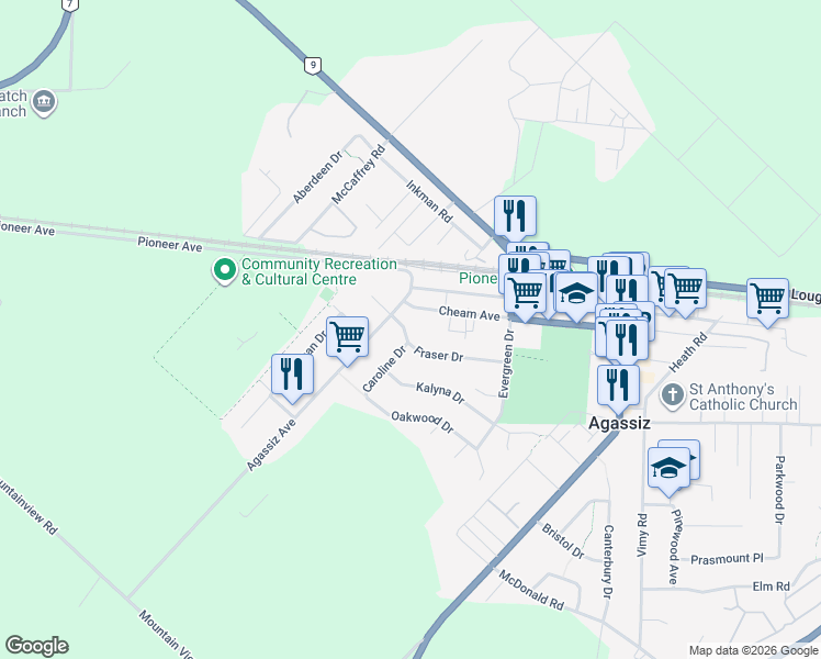 map of restaurants, bars, coffee shops, grocery stores, and more near 6909 Fraser Drive in Agassiz