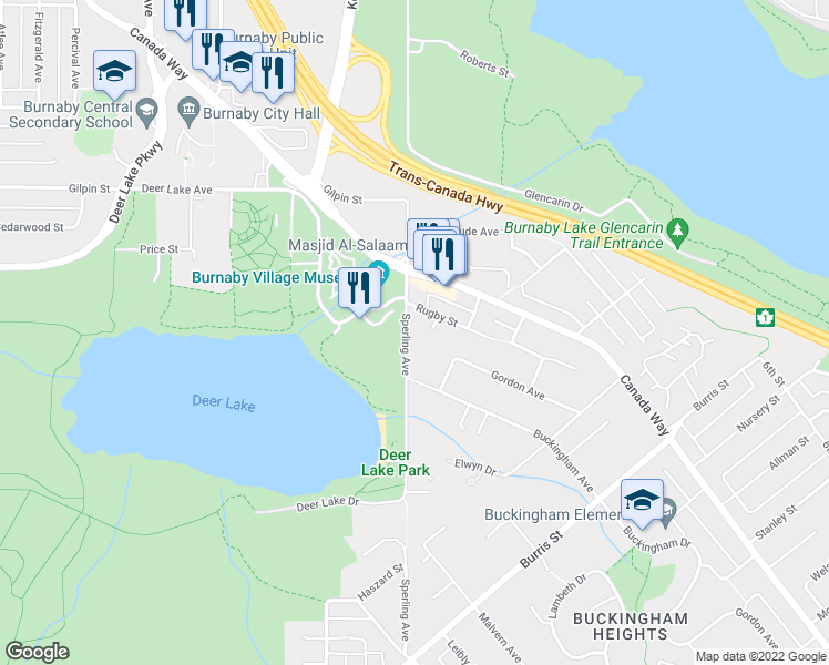 map of restaurants, bars, coffee shops, grocery stores, and more near 5140 Sperling Avenue in Burnaby