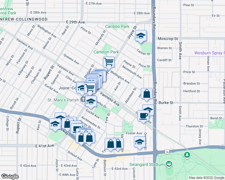 map of restaurants, bars, coffee shops, grocery stores, and more near 5131 Ann Street in Vancouver
