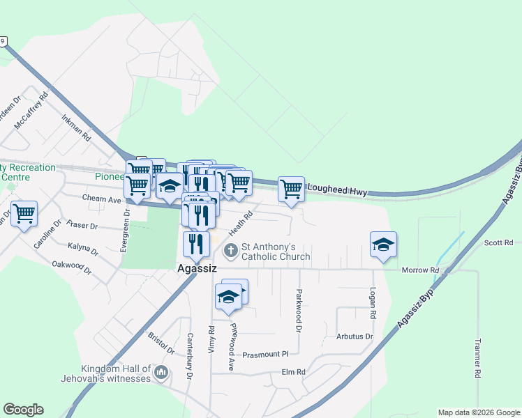 map of restaurants, bars, coffee shops, grocery stores, and more near 1884 Heath Road in Agassiz