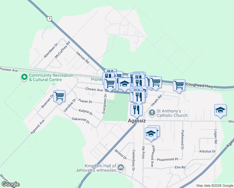 map of restaurants, bars, coffee shops, grocery stores, and more near 7056 Cheam Avenue in Agassiz