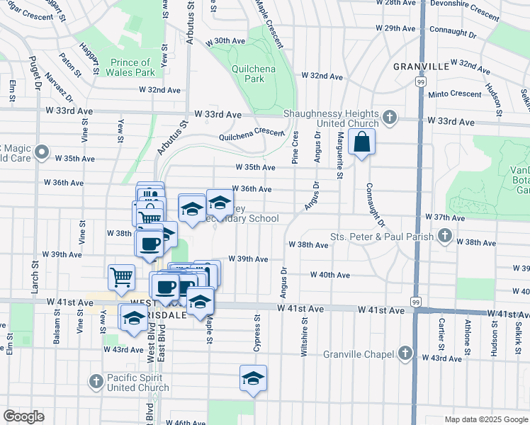 map of restaurants, bars, coffee shops, grocery stores, and more near 1897 West 37th Avenue in Vancouver