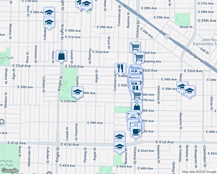 map of restaurants, bars, coffee shops, grocery stores, and more near 1768 East 35th Avenue in Vancouver