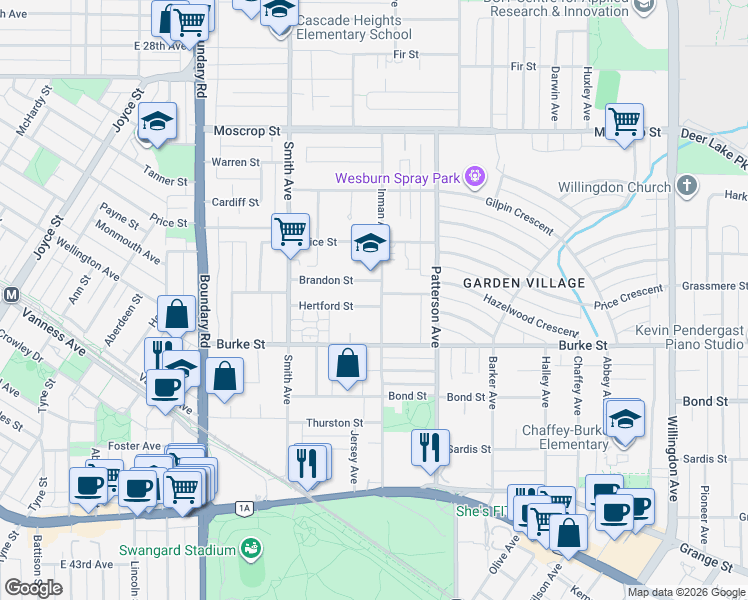 map of restaurants, bars, coffee shops, grocery stores, and more near 5089 Inman Avenue in Burnaby