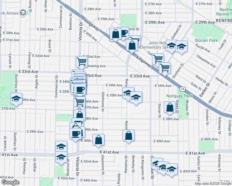 map of restaurants, bars, coffee shops, grocery stores, and more near 2255 East 35th Avenue in Vancouver