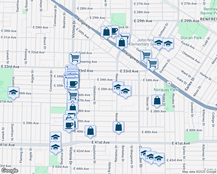 map of restaurants, bars, coffee shops, grocery stores, and more near 2263 East 35th Avenue in Vancouver