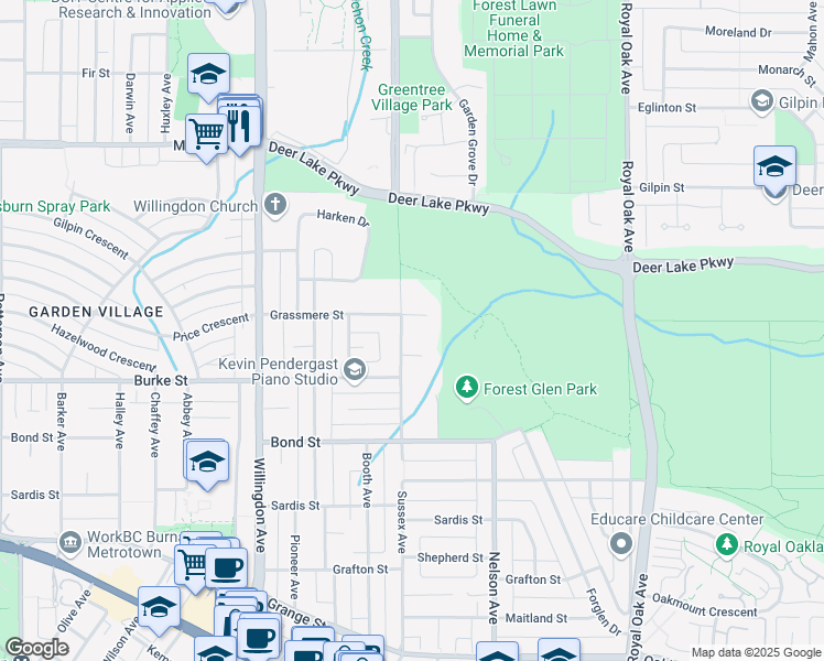 map of restaurants, bars, coffee shops, grocery stores, and more near 5124 Sussex Avenue in Burnaby