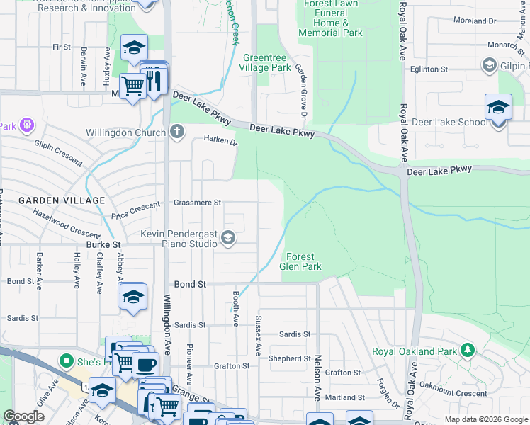 map of restaurants, bars, coffee shops, grocery stores, and more near 5124 Sussex Avenue in Burnaby