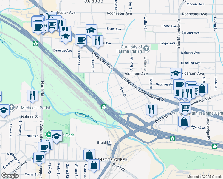 map of restaurants, bars, coffee shops, grocery stores, and more near 646 Girard Avenue in Coquitlam