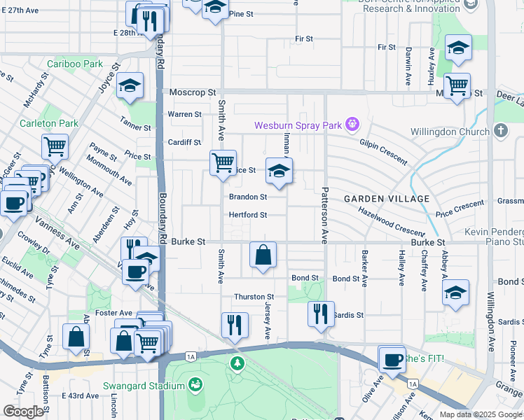 map of restaurants, bars, coffee shops, grocery stores, and more near 3935 Hertford Street in Burnaby