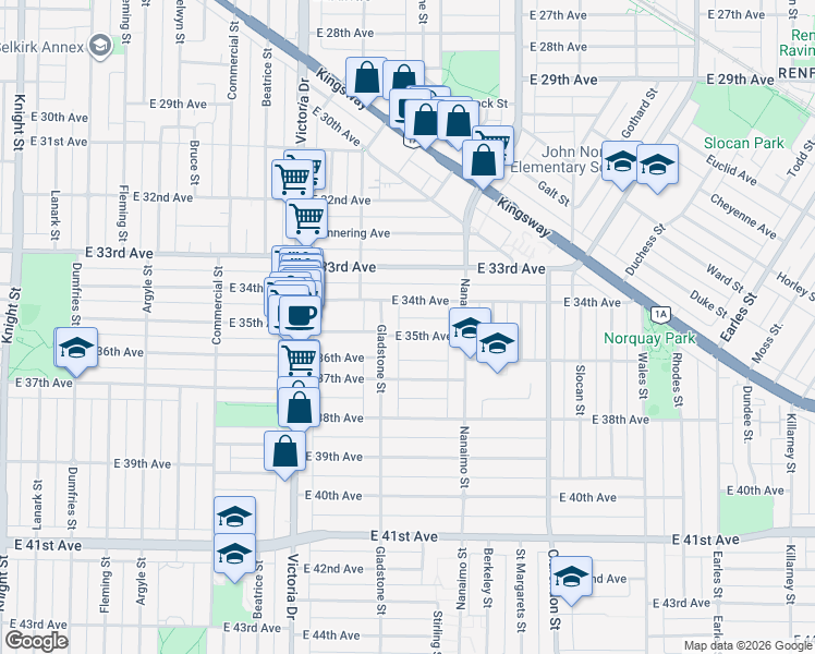 map of restaurants, bars, coffee shops, grocery stores, and more near 2225 East 35th Avenue in Vancouver