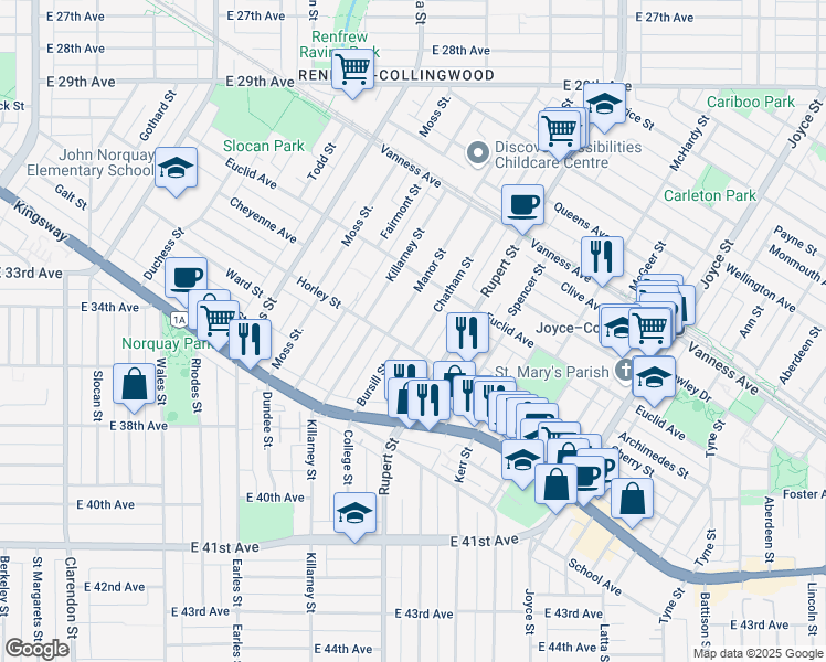 map of restaurants, bars, coffee shops, grocery stores, and more near 6387 Chatham Street in Vancouver