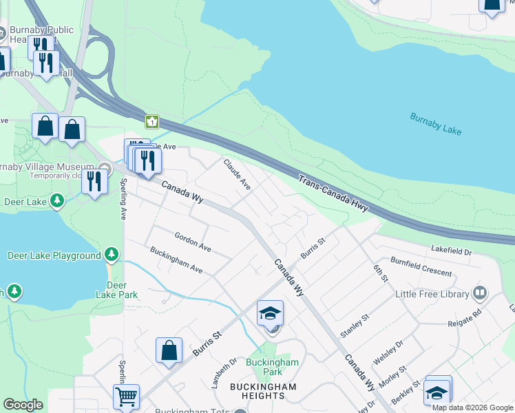map of restaurants, bars, coffee shops, grocery stores, and more near 5571 Claude Avenue in Burnaby