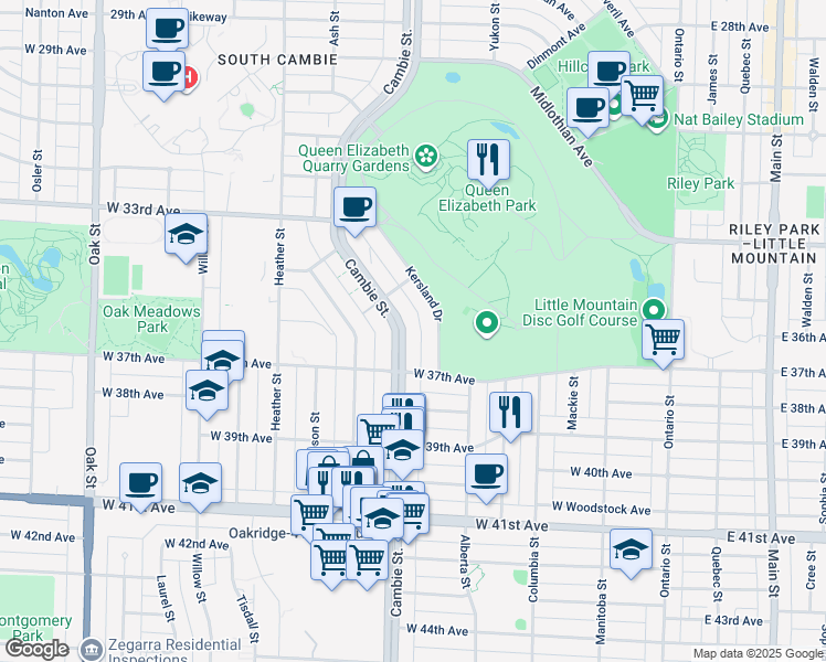 map of restaurants, bars, coffee shops, grocery stores, and more near 5212 Cambie Street in Vancouver