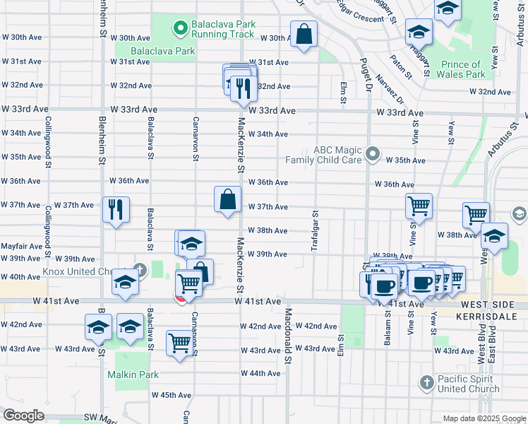map of restaurants, bars, coffee shops, grocery stores, and more near 2838 West 37th Avenue in Vancouver