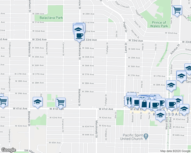 map of restaurants, bars, coffee shops, grocery stores, and more near 2782 West 37th Avenue in Vancouver