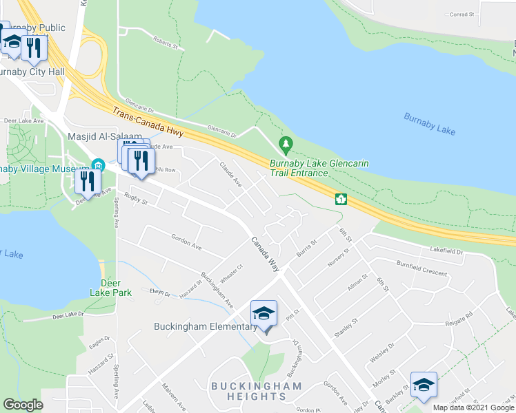 map of restaurants, bars, coffee shops, grocery stores, and more near 5588 Claude Avenue in Burnaby