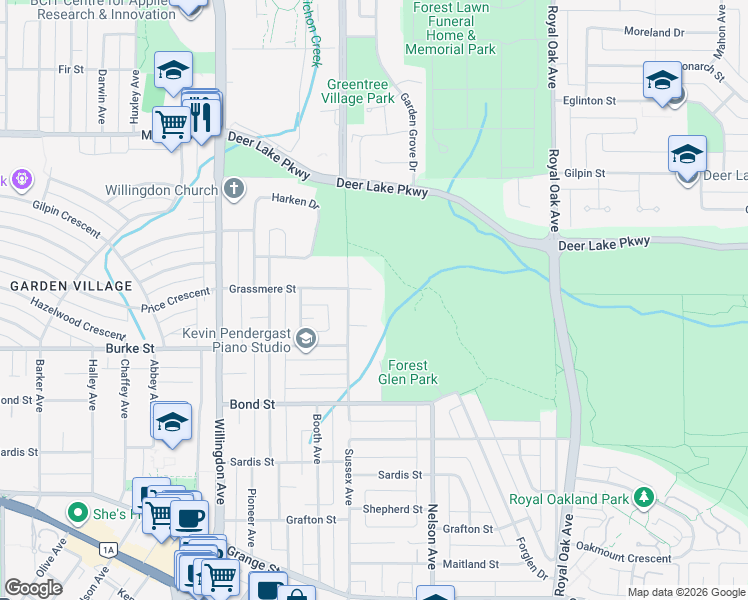 map of restaurants, bars, coffee shops, grocery stores, and more near 4760 Grassmere Street in Burnaby