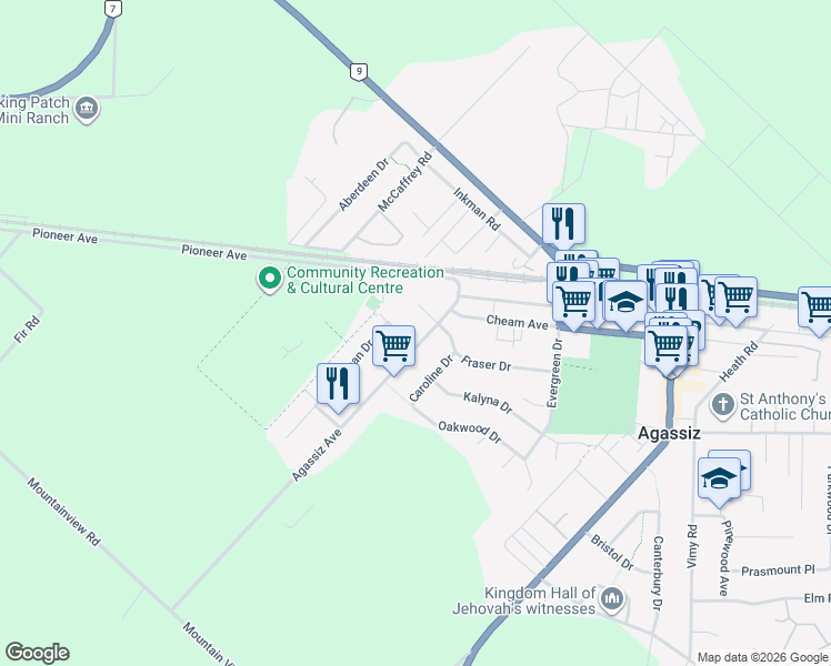 map of restaurants, bars, coffee shops, grocery stores, and more near 1851 Agassiz Avenue in Agassiz