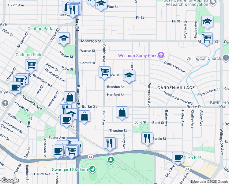 map of restaurants, bars, coffee shops, grocery stores, and more near 3907 Brandon Street in Burnaby