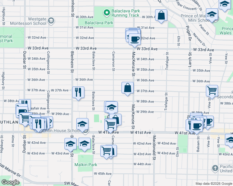 map of restaurants, bars, coffee shops, grocery stores, and more near 2986 West 37th Avenue in Vancouver