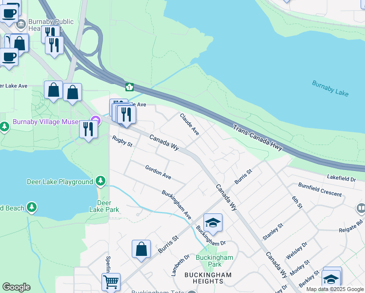 map of restaurants, bars, coffee shops, grocery stores, and more near 5488 Canada Way in Burnaby