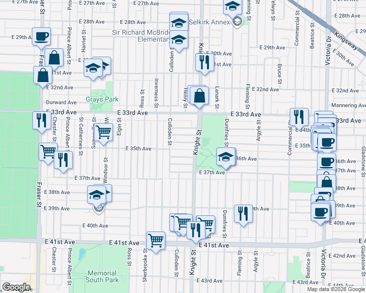map of restaurants, bars, coffee shops, grocery stores, and more near 1356 East 35th Avenue in Vancouver