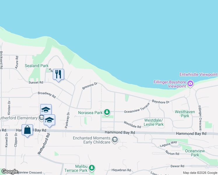 map of restaurants, bars, coffee shops, grocery stores, and more near 6069 Breonna Drive in Nanaimo