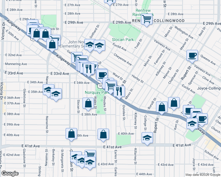 map of restaurants, bars, coffee shops, grocery stores, and more near 2729 Kingsway in Vancouver