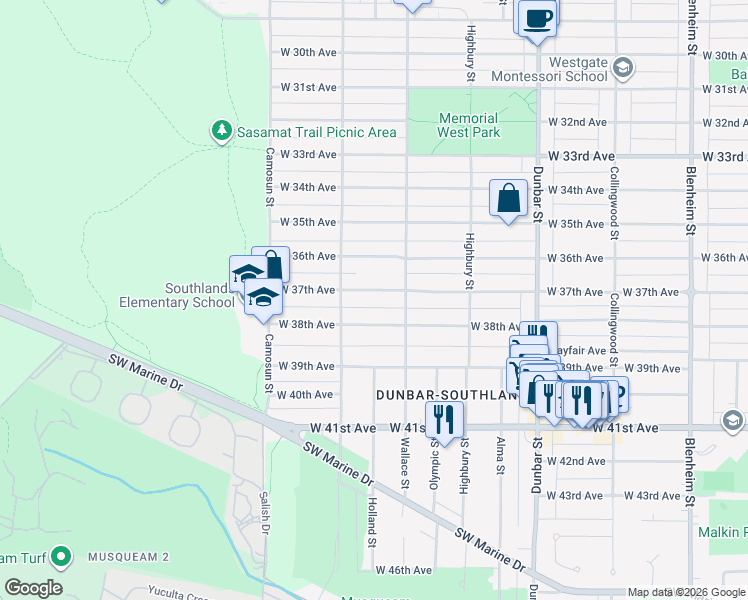 map of restaurants, bars, coffee shops, grocery stores, and more near 3950 West 37th Avenue in Vancouver