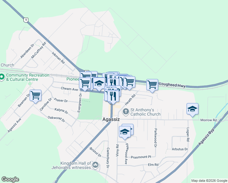map of restaurants, bars, coffee shops, grocery stores, and more near 1880 Park Street in Agassiz