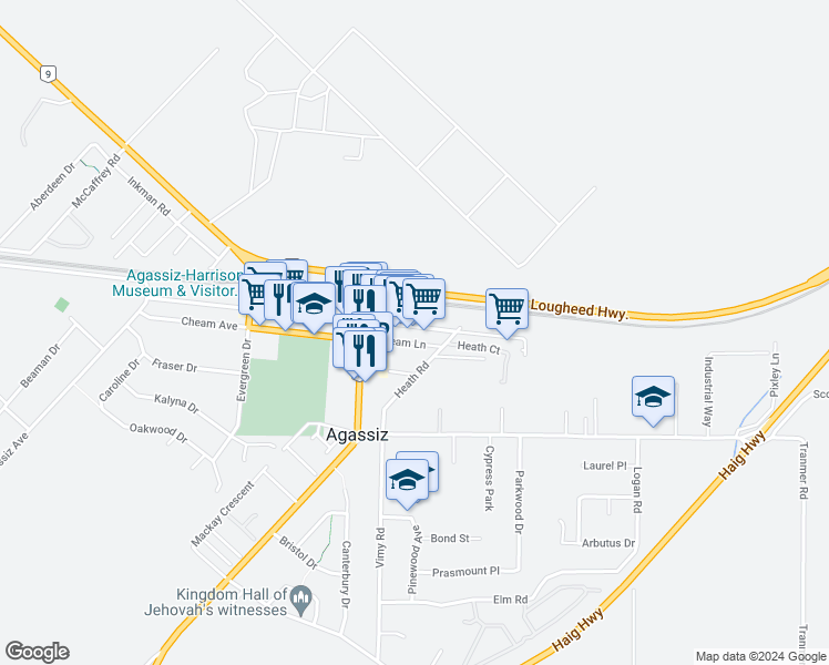 map of restaurants, bars, coffee shops, grocery stores, and more near 7254 Pioneer Avenue in Agassiz