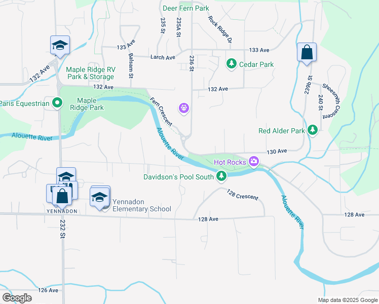 map of restaurants, bars, coffee shops, grocery stores, and more near 23485 Fern Crescent in Maple Ridge