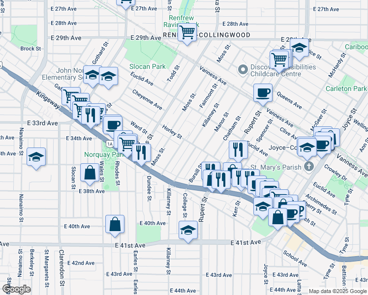 map of restaurants, bars, coffee shops, grocery stores, and more near 5120 Fairmont Street in Vancouver