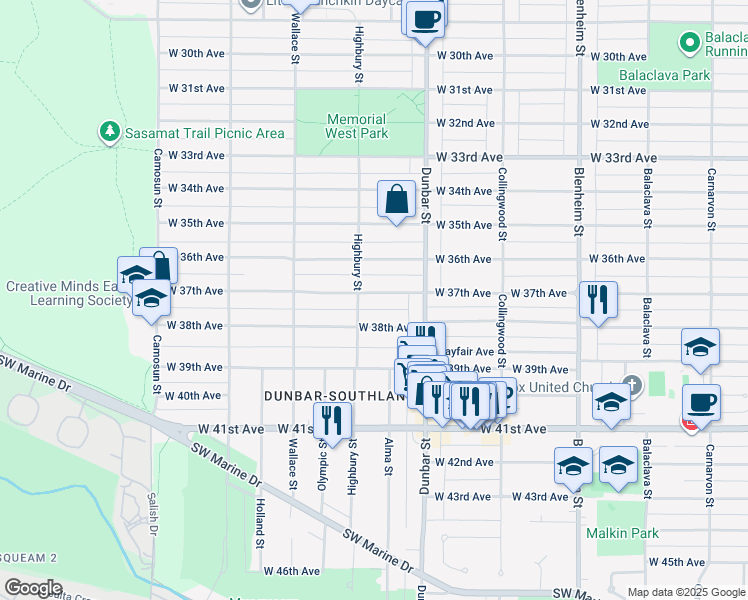 map of restaurants, bars, coffee shops, grocery stores, and more near 3760 West 37th Avenue in Vancouver