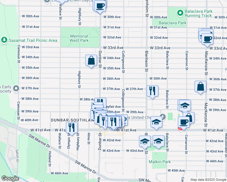 map of restaurants, bars, coffee shops, grocery stores, and more near 3540 West 37th Avenue in Vancouver