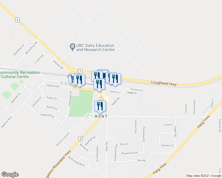 map of restaurants, bars, coffee shops, grocery stores, and more near 7236 Pioneer Avenue in Agassiz