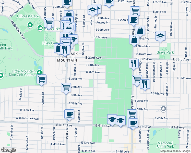 map of restaurants, bars, coffee shops, grocery stores, and more near 5166 Prince Edward Street in Vancouver