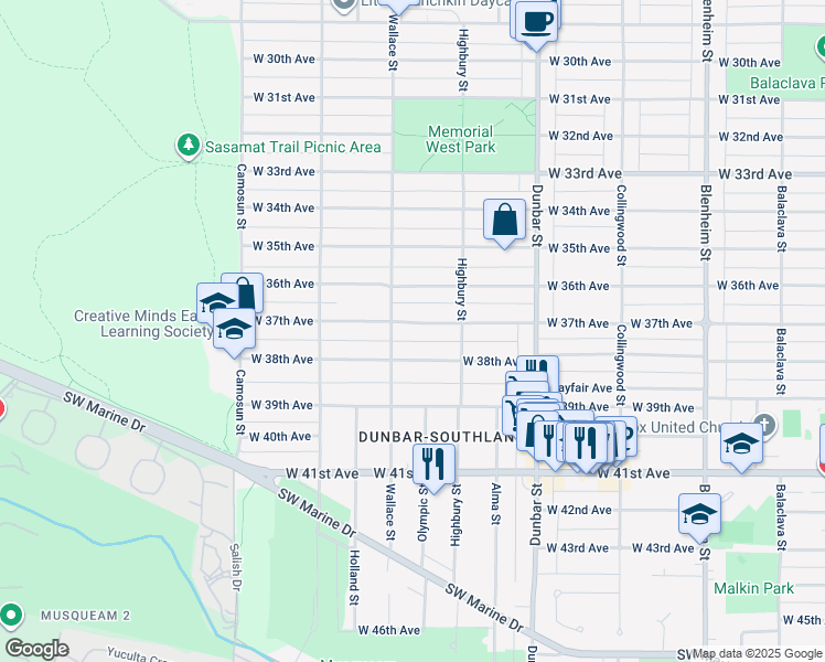 map of restaurants, bars, coffee shops, grocery stores, and more near 3870 West 37th Avenue in Vancouver