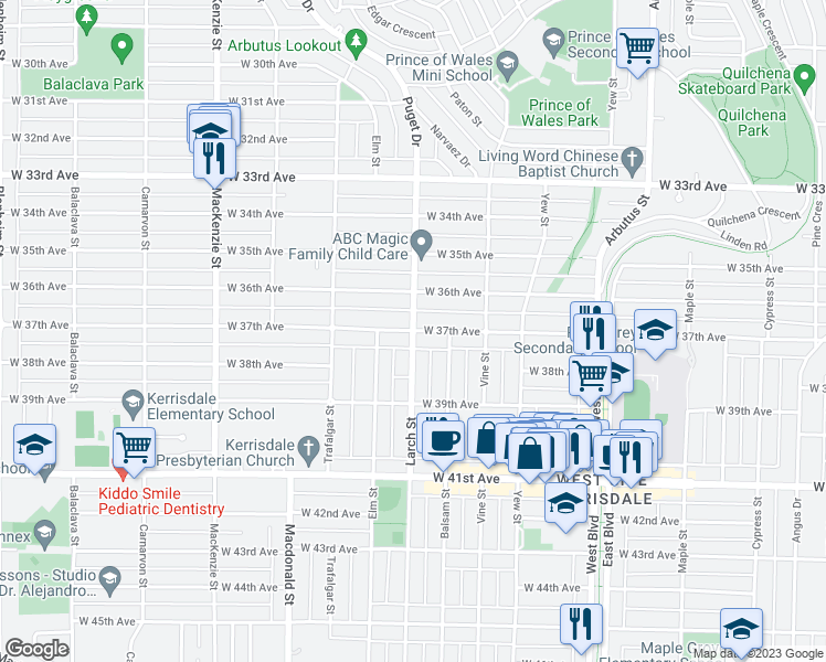map of restaurants, bars, coffee shops, grocery stores, and more near 5338 Larch Street in Vancouver