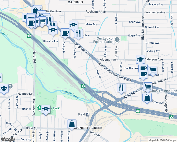 map of restaurants, bars, coffee shops, grocery stores, and more near 645 Girard Avenue in Coquitlam