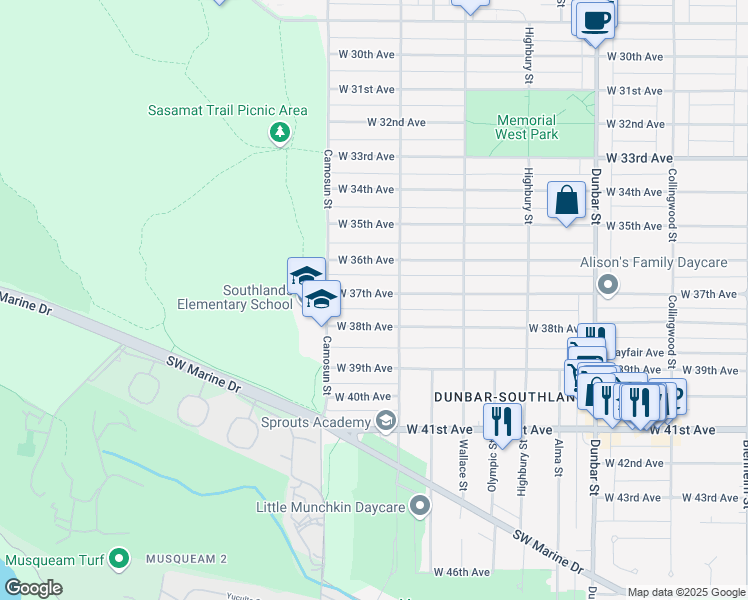 map of restaurants, bars, coffee shops, grocery stores, and more near 4028 West 37th Avenue in Vancouver