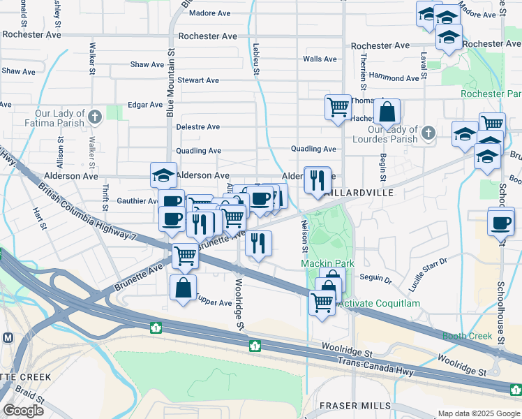 map of restaurants, bars, coffee shops, grocery stores, and more near in Coquitlam