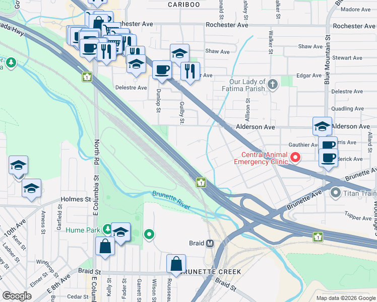 map of restaurants, bars, coffee shops, grocery stores, and more near 621 Godwin Court in Coquitlam