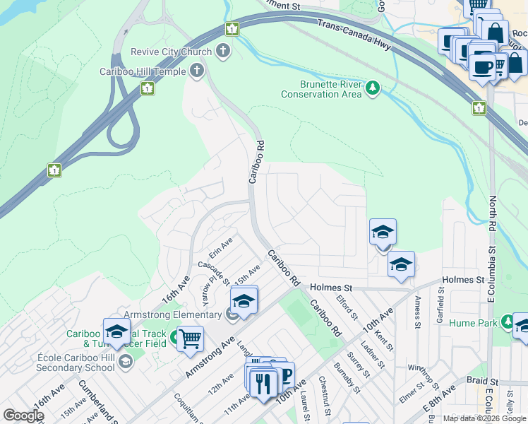 map of restaurants, bars, coffee shops, grocery stores, and more near in Burnaby