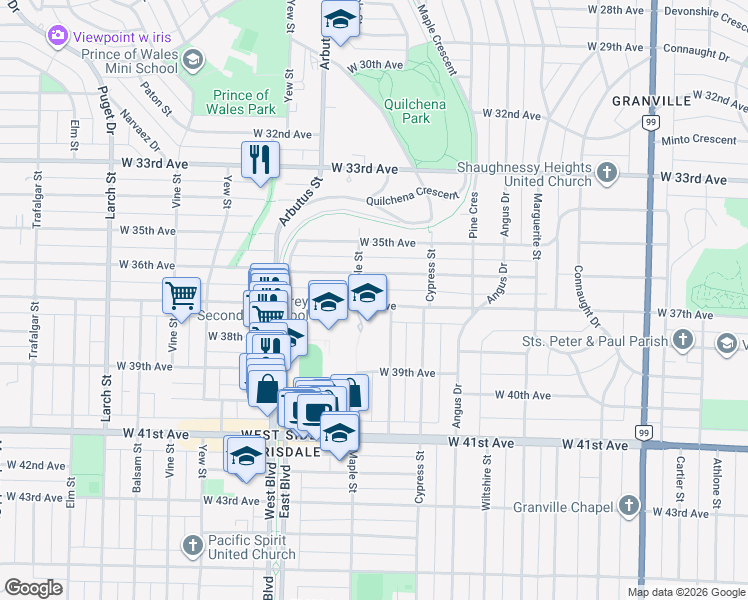 map of restaurants, bars, coffee shops, grocery stores, and more near 1987 West 37th Avenue in Vancouver