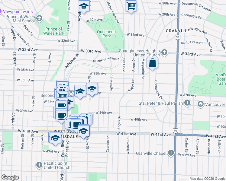 map of restaurants, bars, coffee shops, grocery stores, and more near 1897 West 37th Avenue in Vancouver
