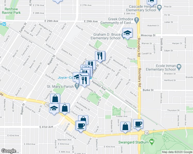 map of restaurants, bars, coffee shops, grocery stores, and more near 5075 Payne Street in Vancouver