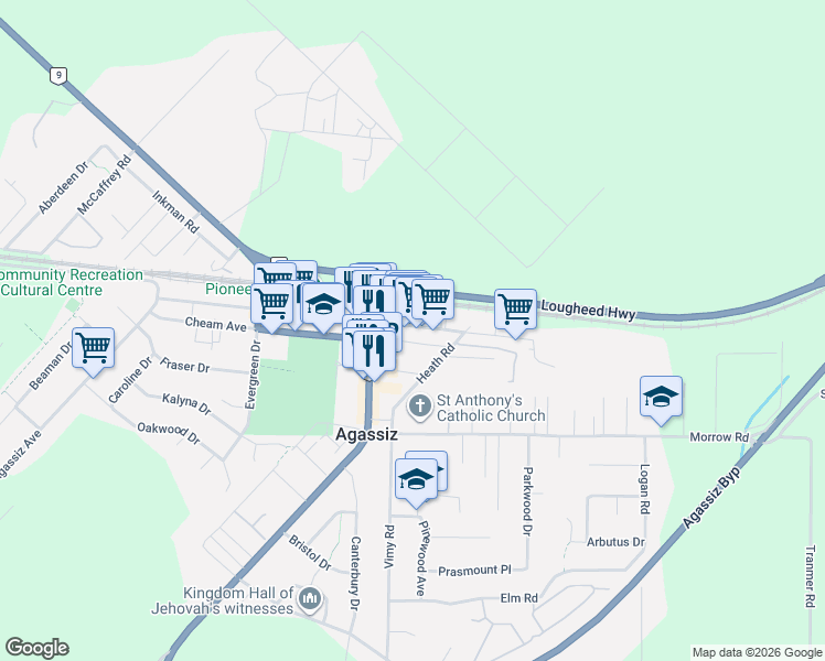 map of restaurants, bars, coffee shops, grocery stores, and more near 7244 Pioneer Avenue in Agassiz